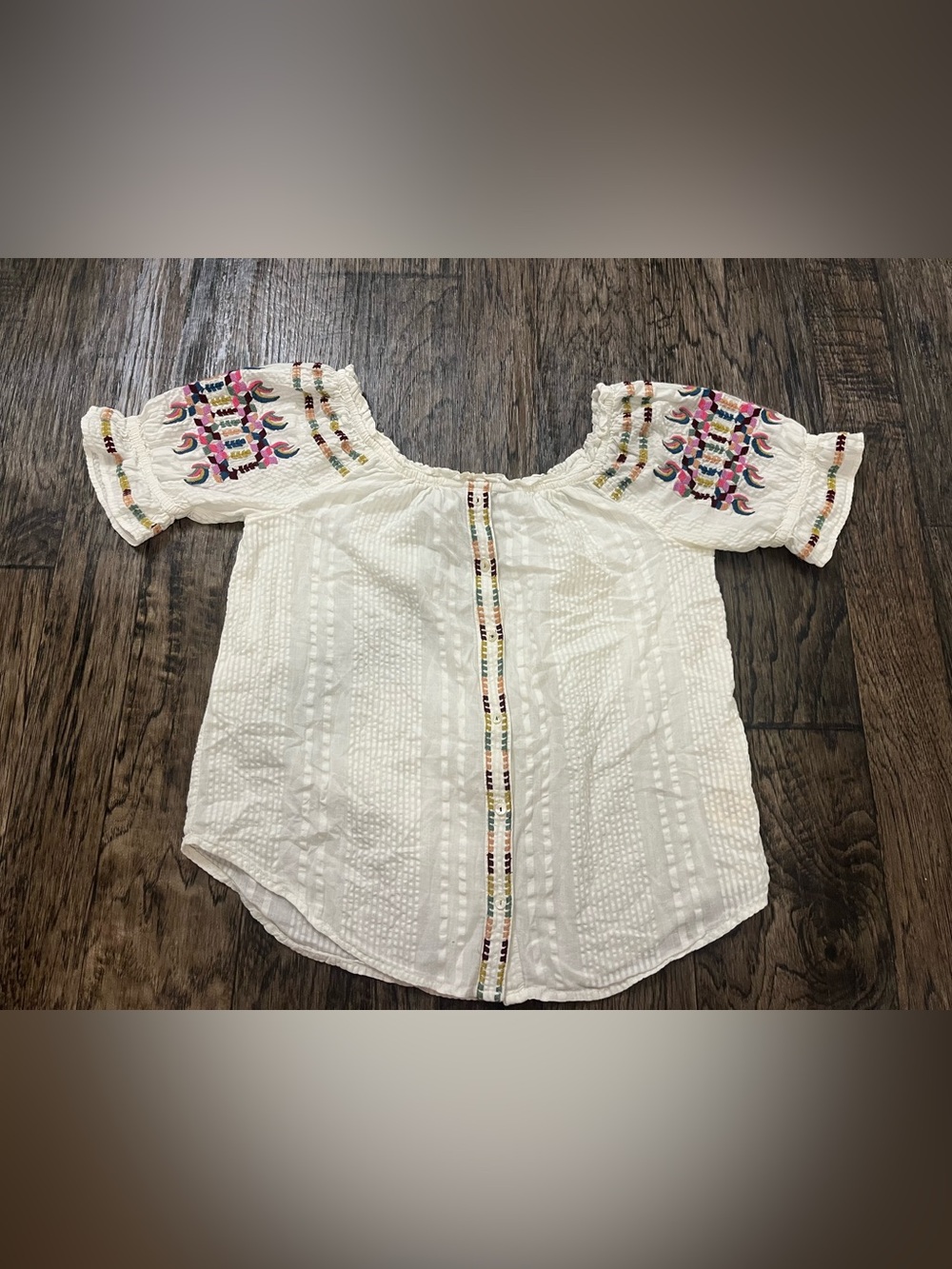 Anthropologie Cream Off-Shoulder Blouse with Pink and Green Embroidery